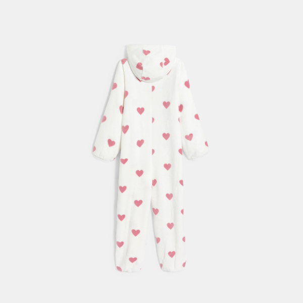 بيجاما جمبسوت صوف برسمة قلب باللون الأبيض للفتيات